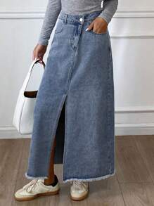 Livesso 女士夏季毛边宽松休闲牛仔半身裙 - 藍色 - 查看 1