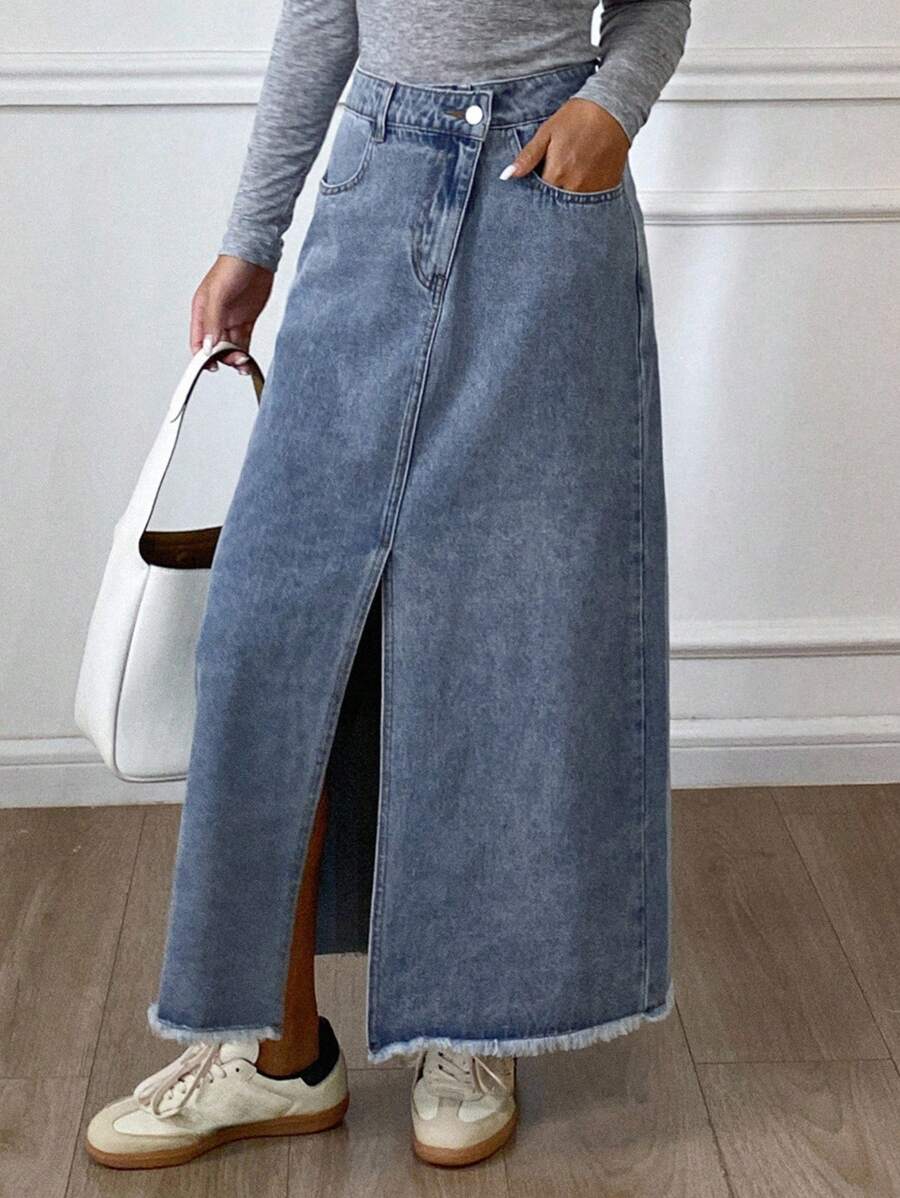 Livesso 女士夏季毛边宽松休闲牛仔半身裙 - 藍色 - 查看 1