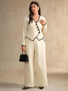 Flouryn 2 件大码女式优雅饰边单排扣长袖上衣和裤子套装秋季女装工作服女装秋季女装秋季套装女式裤套装正式裤套装 - 杏色 - 查看 3