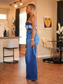 BamGleam Áo crop top denim buộc dây hở vai gợi cảm dành cho nữ - Rửa tối - Xem 6