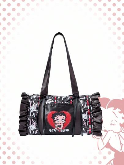 Betty Boop | ROMWE Women Satin Polyester Tote Bag, Cartoon Pattern Shoulder Handbag, Large Capacity Commuting Bag