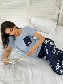 SHEIN Multicolor Round Neck Short Sleeve PJS For Everyday Comfort Women PJSs Floral PJSs Pj Sets Women Short Sleeve Summer PJSs Women Blue PJSs Women - Multicolor - View 5