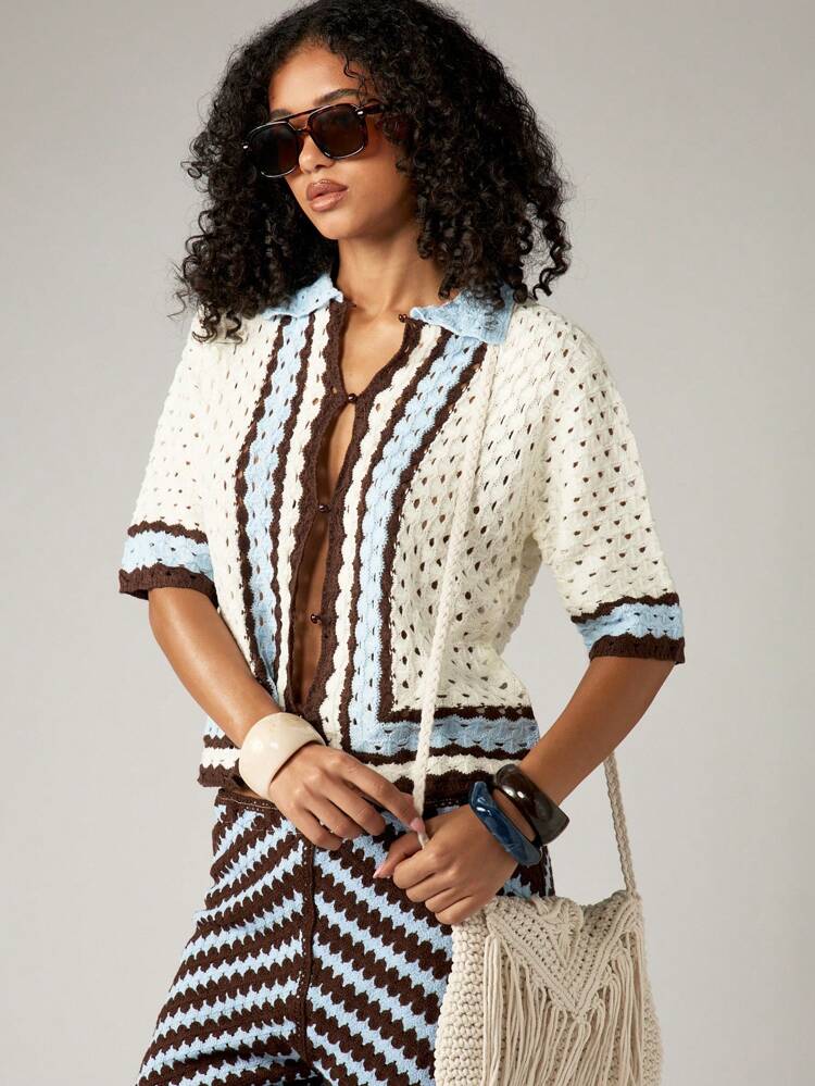 Crochet Knit Button Front Cardigan