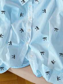 SHEIN Bow Print Front Button Casual Long Sleeve Shirt Fall Cloth For Women - Blue - View 3
