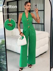 Lavishia 2 件绿色棉质不对称金属扣装饰衬衫 + 裤子套装，时尚日常通勤 - 綠色 - 查看 3