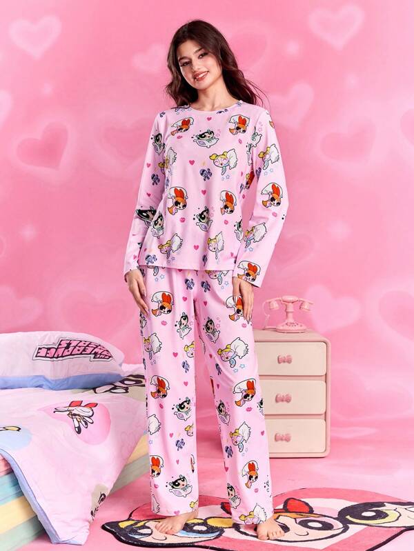THE POWERPUFF GIRLS X SHEIN Women's Loose Fit Blossom, Bubbles, Buttercup Pattern Long Sleeve Top And Pants Pajama Set, Spring/Autumn, Fall Clothes