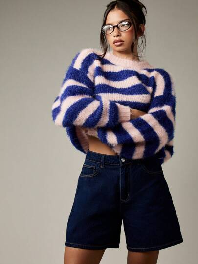 MISSGUIDED 牛仔百慕大短裤高腰阔腿后腰细节节日海滩夏季时尚复古风格超大宽松膝盖长度耐用棉质裤