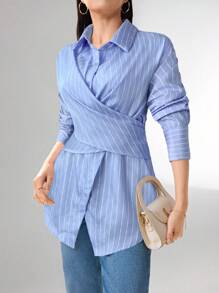 Heiryn Camisa casual/de trabajo para mujer con mangas caídas, rayas y lazo en la espalda - Azul - Ver 2