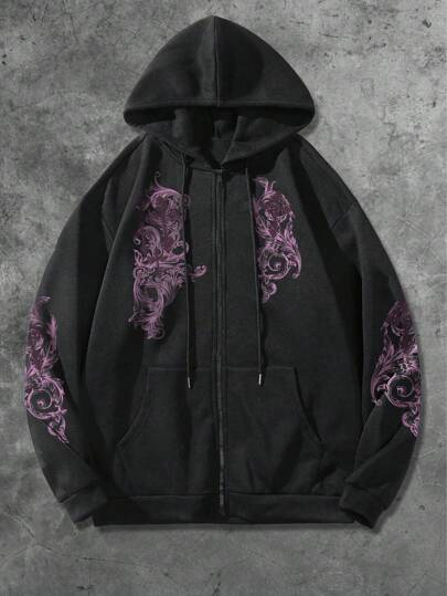 Street Life Men's Floral Print Zip Front Drawstring Hooded Casual Sweatshirt , Fall Winter