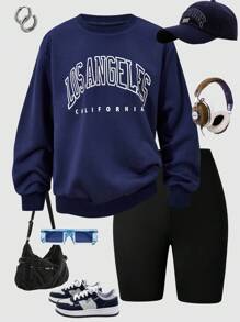 Tween-Mädchen Lässiges Set aus Langarm-Sweatshirt mit Buchstabendruck und engen Bike-Shorts, geeignet für die tägliche Lässig und den Sport, Frühling/Herbst - Blau - Übersicht 1
