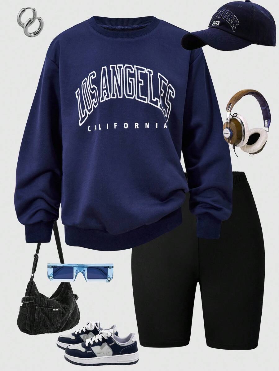 Tween-Mädchen Lässiges Set aus Langarm-Sweatshirt mit Buchstabendruck und engen Bike-Shorts, geeignet für die tägliche Lässig und den Sport, Frühling/Herbst - Blau - Übersicht 1