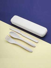 SHEIN 3Pcs/Set Portable Cutlery Set, Thickened Plastic Cutlery, Forks And Spoons, Reusable, Suitable For Travel, Restaurants, Students, Gift Sets Christmas For Holiday Gift Giving, Lunch Box,Storage Containers - Beige - View 7