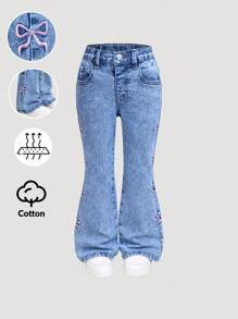 年轻女孩新款时尚粉色蝴蝶结刺绣仿口袋百搭高腰喇叭弹力做旧浅色洗水牛仔裤 - 中等水洗藍 - 查看 1