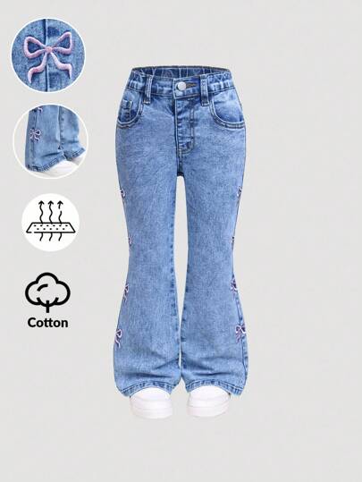 Young Girls' New Stylish Pink Bow Embroidery Faux Pocket Versatile High Waist Flared Stretch Distressed Light Wash Denim Jeans Summer Holiday Fall Winter