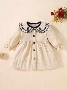 SHEIN Newborn Baby Girl Soft Cotton Embroidered Collar Long Sleeve Dress, Sweet & Fashionable Classy Girl Dress Fall Winter - Apricot - View 1