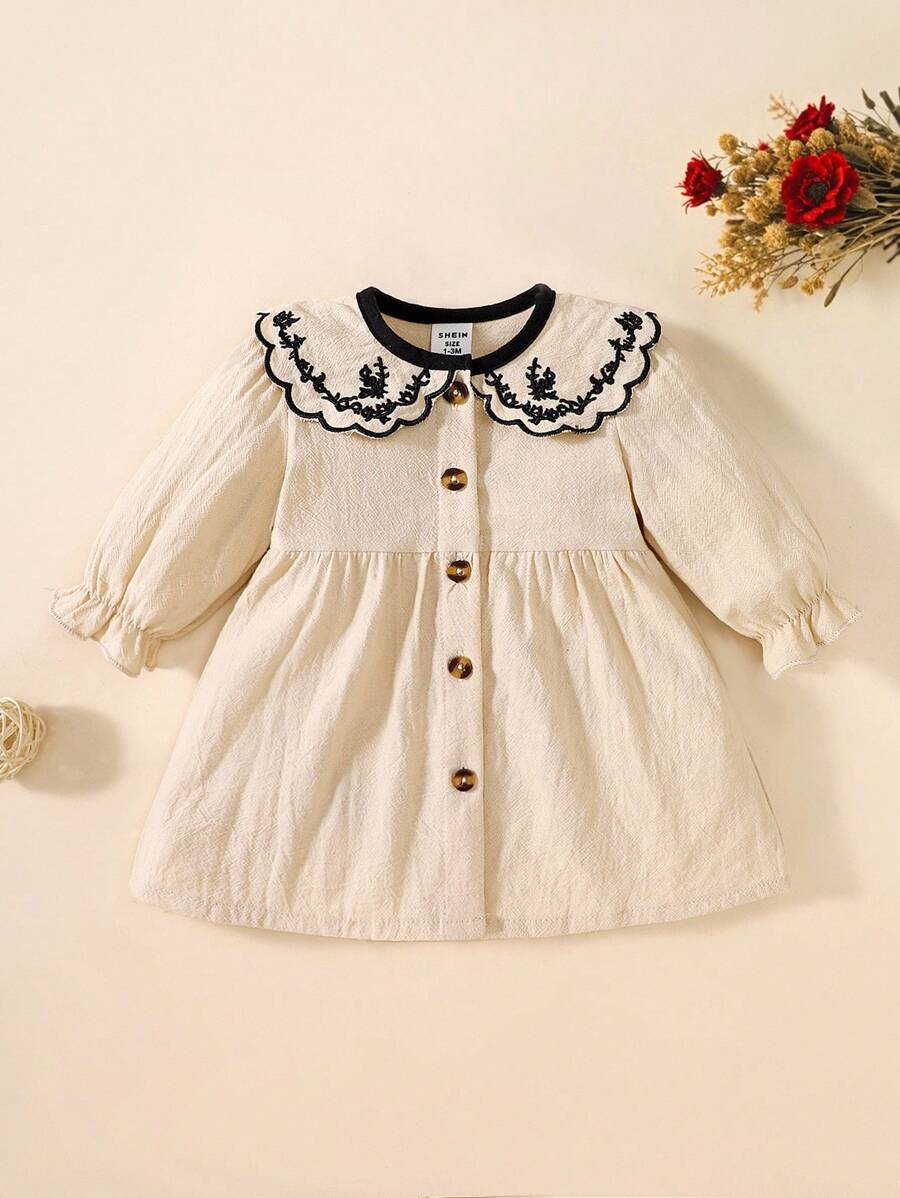 SHEIN Newborn Baby Girl Soft Cotton Embroidered Collar Long Sleeve Dress, Sweet & Fashionable Classy Girl Dress Fall Winter - Apricot - View 1