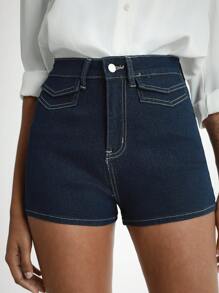 Daynim 女式休闲前扣牛仔短裤 - 深色水洗藍 - 查看 4