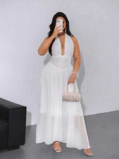 Viva Relle 大码女式纯色收腰复古浪漫甜美长裙