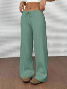 EURMUSE Damskie, swobodne, jednokolorowe, dzianinowe spodnie ze ściągaczem w pasie i luźnymi szerokimi nogawkami - Miętowy Zielony - Zobacz 6