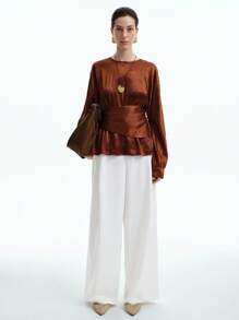 Aalyst 时尚都市休闲女式闪亮褶皱面料圆领灯笼袖腰部收紧短款休闲衬衫，适合毕业派对、节日活动、约会、工作、秋冬 - 咖啡棕 - 查看 4