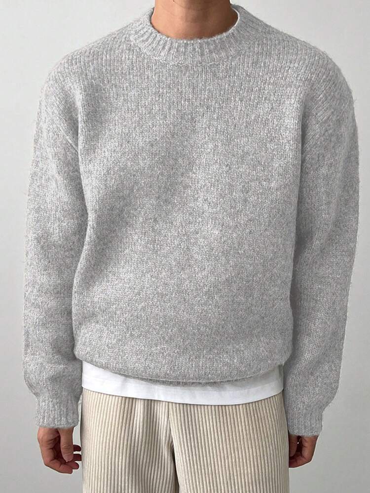 Men Solid Color Casual Everyday Simple Versatile Loose Drop Shoulder Sweater, For Autumn
