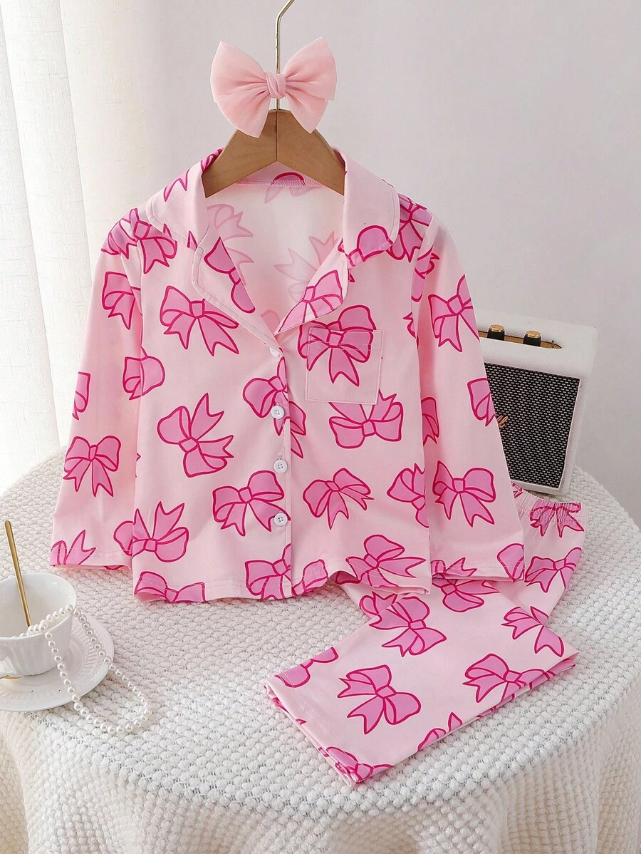 2pcs Young Girls Pajama Set, Pink Hand-Painted Butterfly Print, Retardant Fabric, Elegant Long Sleeve Top And Pants, Sleepwear Bow Pajama Set Pink Pajama Set Fall Winter - Pink - View 1