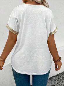 EMERY ROSE Women's Casual V-Neck Short Sleeve PU Leather Patchwork Gold Trim Plus Size T-Shirt