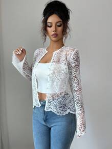 SHEIN Elenzya Áo khoác cardigan mỏng cổ tròn đính nút ngọc trai ren thanh lịch dành cho nữ - Màu be - Xem 7