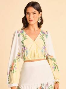 CAJUNI Blusa holgada con estampado floral, cuello en V cruzado, manga larga, adecuada para vacaciones, verano, otoño/invierno, citas, reuniones, playa, vuelta al colegio, ir al trabajo - Multicolor - Ver 1