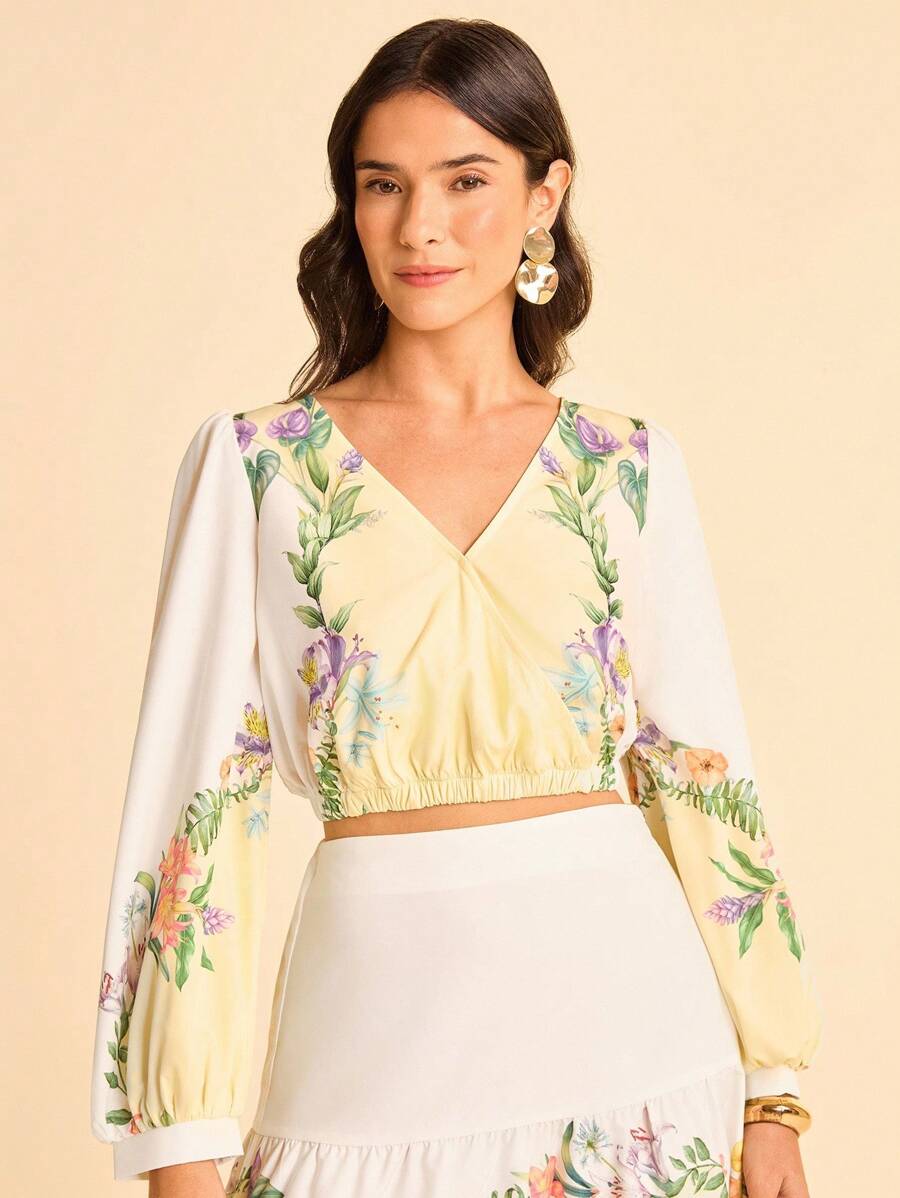 CAJUNI Blusa holgada con estampado floral, cuello en V cruzado, manga larga, adecuada para vacaciones, verano, otoño/invierno, citas, reuniones, playa, vuelta al colegio, ir al trabajo - Multicolor - Ver 1