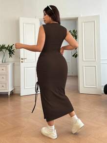 SHEIN EZwear 大码女式休闲褶皱侧开衩连衣裙、婚礼宾客礼服、太阳裙、节日、生日礼服 - 巧克力棕 - 查看 2