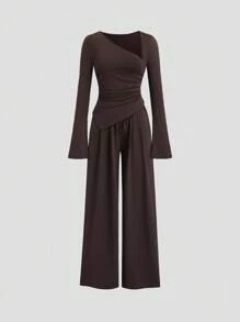 Sweetra Women's Coffee Color Asymmetrical Neck Long Sleeve Top & Minimalist Drawstring Waist Casual Pants, Summer Fall Cloth For Women - Coffee Brown - View 3