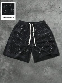 ROMWE MEN Street Life Unisex Rhinestone Spray Painted Design Casual Shorts - Black - View 7