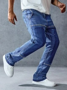 ROMWE MEN Street Life 男士休闲修身牛仔裤，带口袋和铆钉设计 - 藍色 - 查看 1