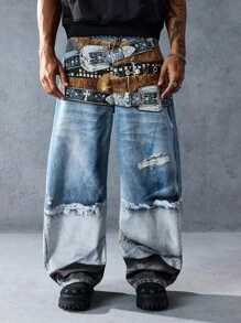 ROMWE MEN Street Life Jeans décontractés à jambes larges et coupe ample pour hommes avec design de ceinture - Bleu azur - Voir 5