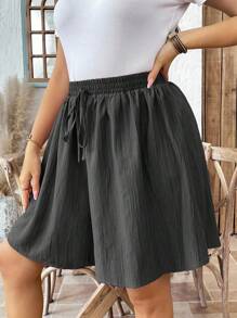 SHEIN LUNE Quần short vải trơn màu họa tiết đơn giản, thoải mái hàng ngày, cỡ lớn, dáng rộng, thường ngày, mùa hè dành cho nữ - Xám - Xem 1