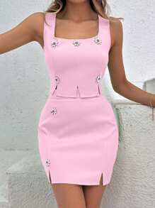 EURMUSE LUNE Square Neck Flower Embellishment Solid Color Top & Mini Skirt Two Pieces Summer Set - Baby Pink - View 5
