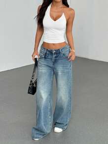 Optris 黑色金属链装饰 V 领露背吊带衫，简约设计，休闲日常百搭，女款春夏 - 白色 - 查看 5