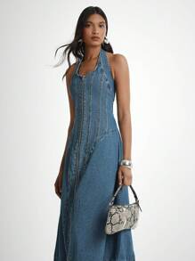 Daynim 女式休闲拉链挂脖牛仔连衣裙 - 中等水洗藍 - 查看 1