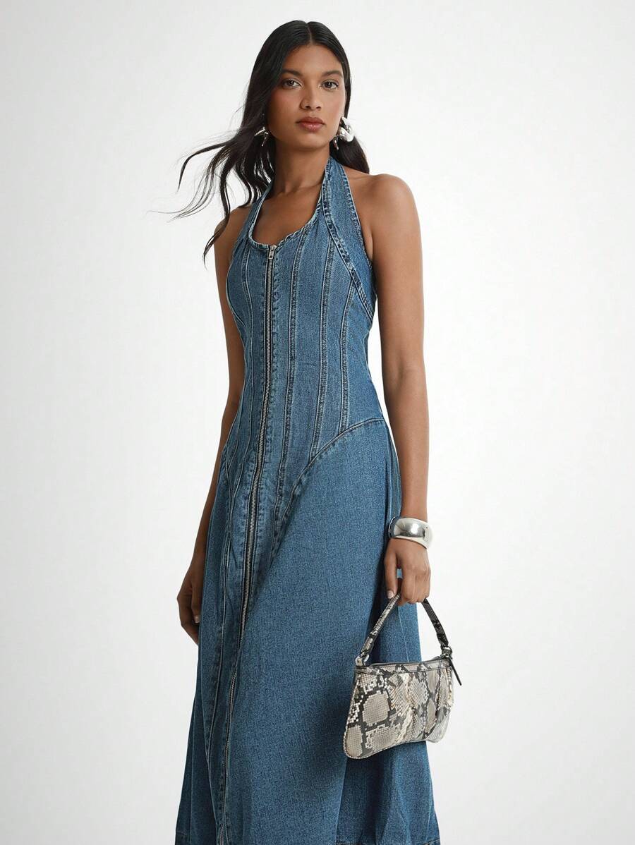 Daynim 女式休闲拉链挂脖牛仔连衣裙 - 中等水洗藍 - 查看 1