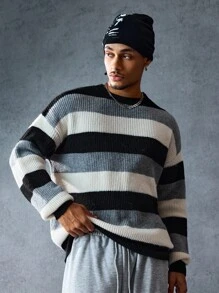 ROMWE MEN Street Life Men's Striped Crew Neck Drop Shoulder Casual Sweater