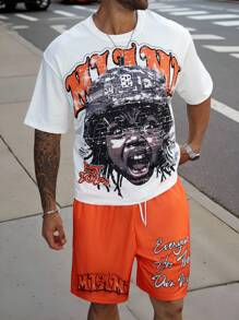 Manfinity LEGND Manfinity Streetrush Men's Plus Size Summer Fashion Portrait Graphic Short Sleeve T-Shirt And Shorts Set, Streetwear - Multicolor - View 4