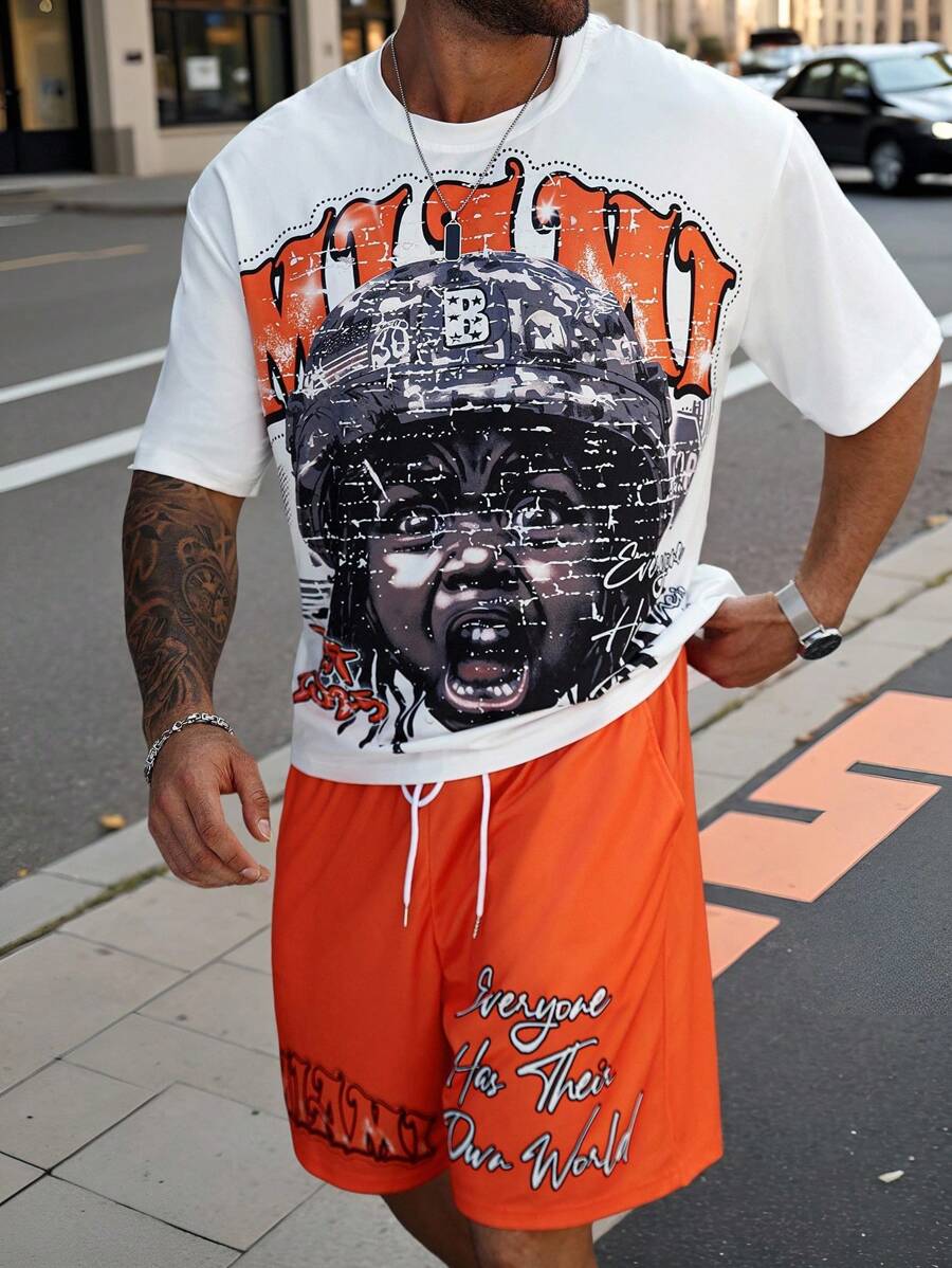 Manfinity LEGND Manfinity Streetrush Men's Plus Size Summer Fashion Portrait Graphic Short Sleeve T-Shirt And Shorts Set, Streetwear - Multicolor - View 1
