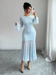 Modelyn Elegant Boat Neck Bell Sleeve Fitted Mermaid Hem High Stretch Textured Knit Dress Fall Cloth For Women - Blue - View 4