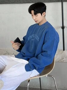 DAZY Men's Autumn Letter Embroidery Pullover Baggy Sweatshirt - Blue - View 6