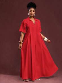 Slaydiva 春夏新款度假通勤休闲白色宽松短袖V领褶皱A字长款衬衫裙，大码女装 - 紅色 - 查看 5