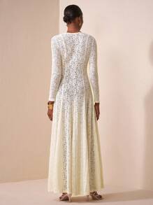 Zivah 2025新款休闲度假日常约会通勤优雅沙滩邮轮派对简约网红爆款生日派对宴会高端俱乐部圆领长袖透明玫米色蕾丝修身伞裙A字裙百褶裙长裙女士长裙-A - 米色 - 查看 2