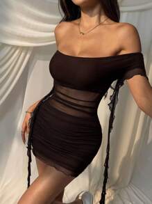 SHEIN EZwear Women's Coffee Brown Off-Shoulder Ruffle Hem Patchwork Mini Dress - Coffee Brown - View 5