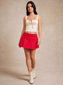 WESTFADE 100% Cotton Twill Mid Rise Foldover Pleated Wrap Mini Skort Nashville Country Western Concert Summer 4th Of July Beach Vacation - Red - View 4