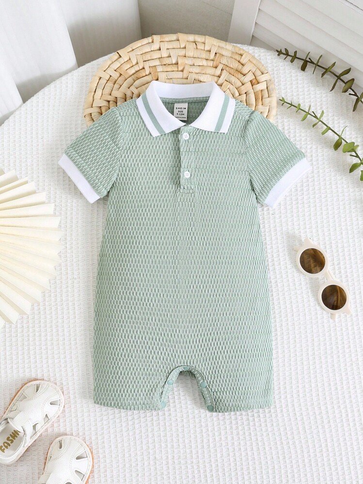 Newborn Baby Boy/Girl Green Textured Soft Comfortable Jacquard Fabric Contrast Color Knit Soft Polo Collar Short Sleeve Half-Zip Jumpsuit Shorts, Suitable For Vacation, Home, And Outings - Mint Green - View 7